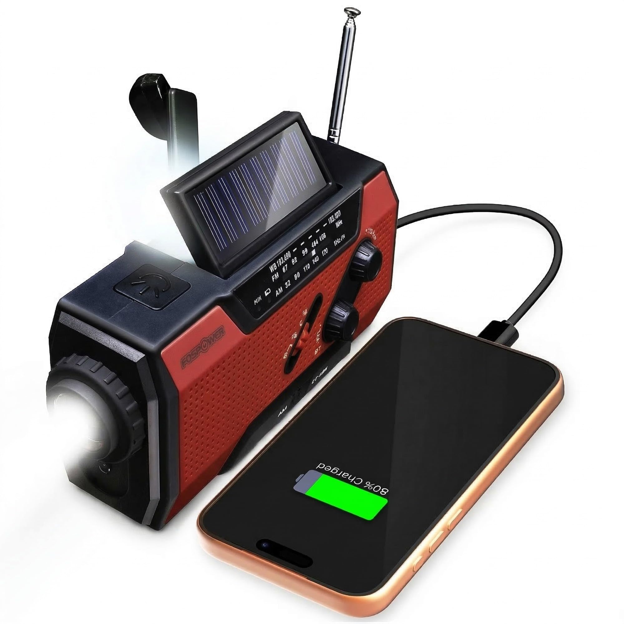 FosPower NOAA Emergency Weather Radio A1 7400mWh Portable Power Bank, AM/FM, USB/Solar/Hand Crank Charging, Battery Operated, SOS Alarm &amp; Flashlight for Indoor/Outdoor Emergency - Red