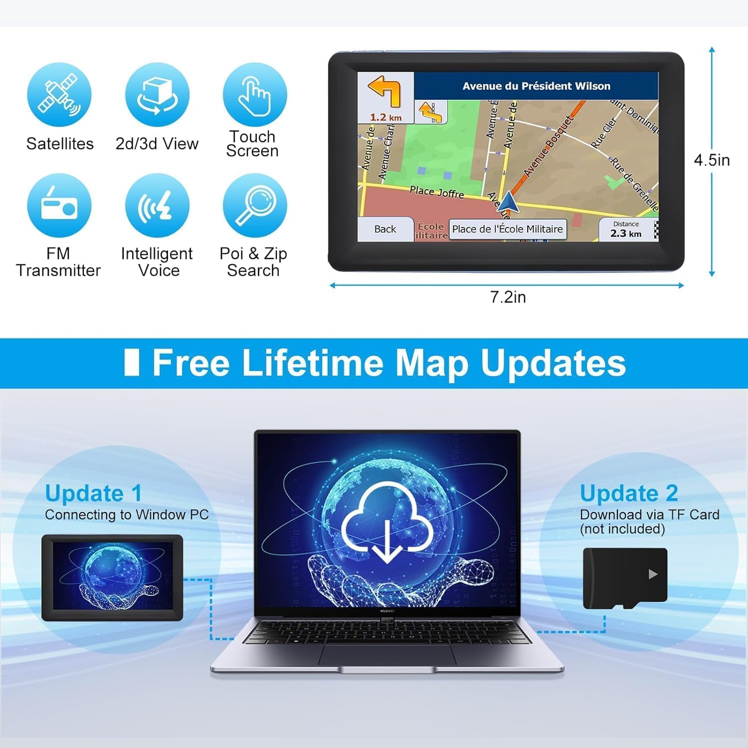 7" GPS Sat Nav for Truck Car RV, Offline Navigation UK & Europe Maps HD Touchscreen, Voice Guidance, Type-C, Sun Visor & Mount, Speed Limit Warnings, Postcode Search Quick GPS Fix — view 8