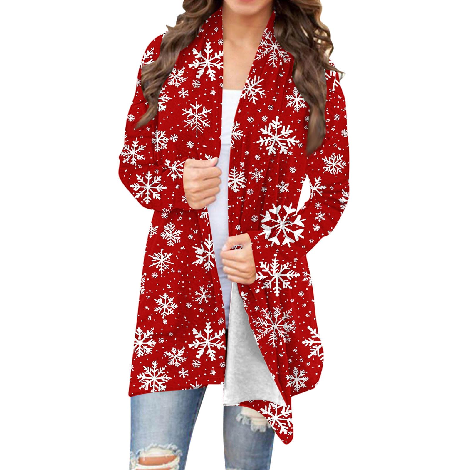 Women Christmas Cardigans Santa Print Open Front Long Sleeve Winter Outerwear Holiday Graphic Casual Sweaters Tops