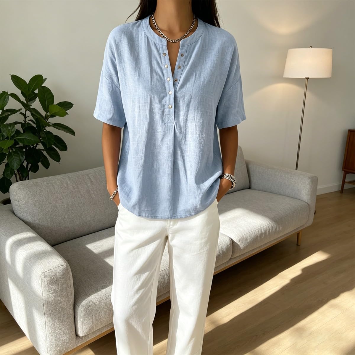 Women’s Casual Henley Collar Linen and Cotton Short-Sleeve Shirt Perfect For Laid-Back Days, Combines Comfort and Style