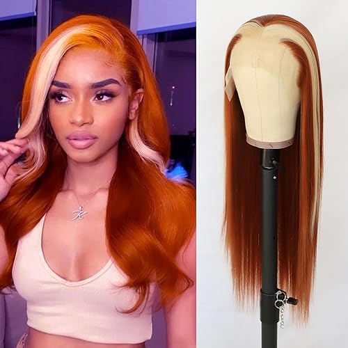 Ginger Orange Hair Color Lace Front Wig13x3 Long Straight Hair Blonde Highlights Wig Heat Resistant Fiber Hair Synthetic Lace Front Wigs for Fashion Women