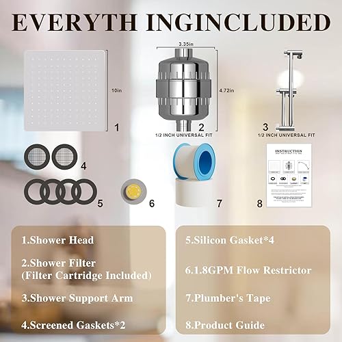 Miniatura 2 de Cabezal de ducha filtrado con brazo de extensión ajustable, cabezal de ducha de alta presión con filtro de ducha de 20 etapas para eliminar cloro y