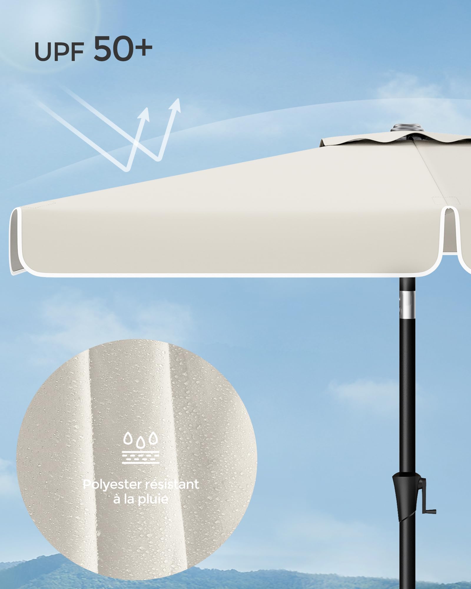 SONGMICS Parasol rectangulaire 200 x 150 cm, protection solaire UPF 50+, pliable des deux côtés à 30°, pour jardin, terrasse, sans pied