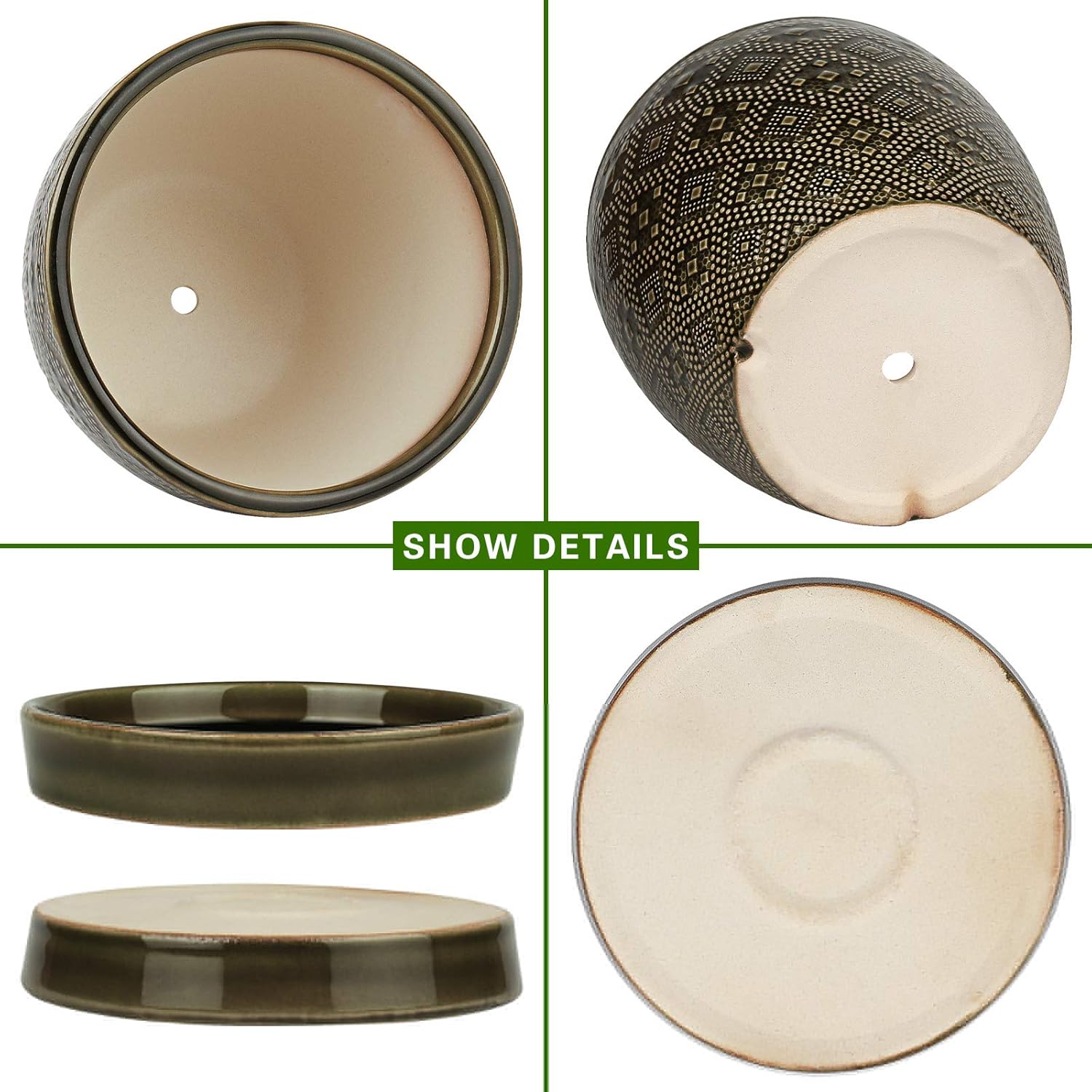 Docrin Dark Green Ceramic Planter Set - 6.6"+5.5" Indoor Outdoor Pots with Drainage Holes & Saucers for Home Office Decor