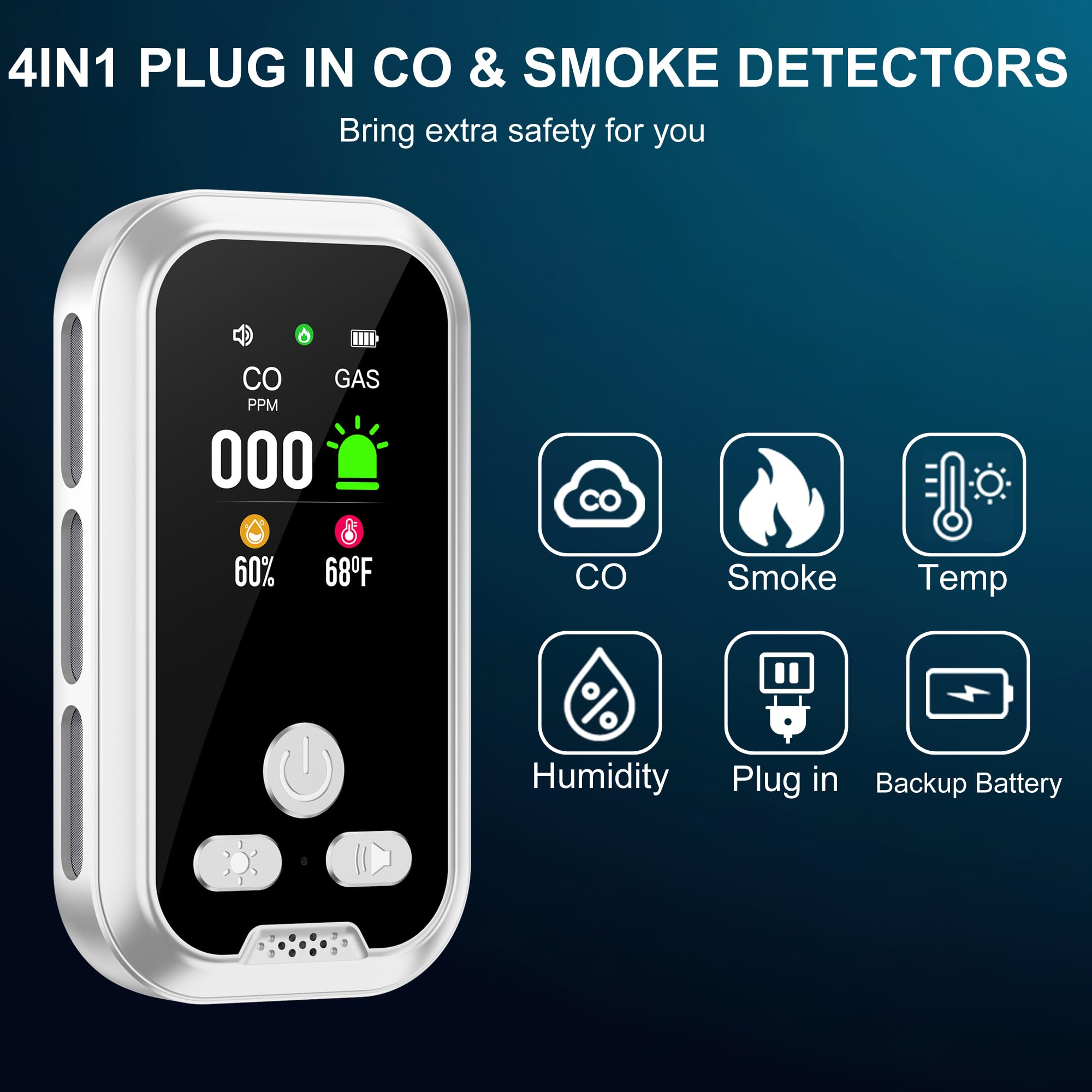 Plug in 4in1 Rauchmelder Kohlenmonoxid Melder Kombination, mit 2000mAh Batterie und 2.1'' HD Bildschirm [CO Temp Rauch Feuchtigkeits Monitor] Plug&Play für Home Hotel, Weiß V2