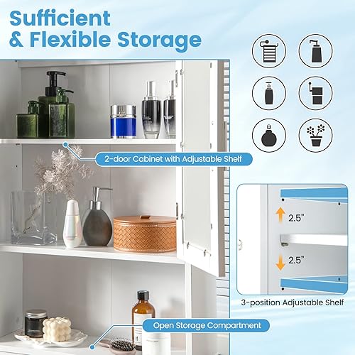 Miniatura 5 de Giantex Gabinete de almacenamiento sobre el inodoro, armario de baño independiente con 2 puertas de vidrio esmerilado, estante interior ajustable de