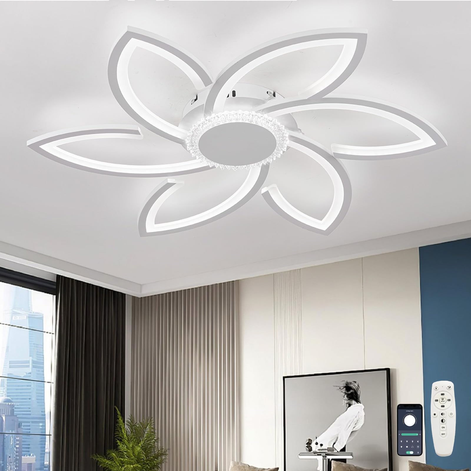 Plafonnier LED moderne 54W design fleur noir et blanc haut de gamme 6500 LM