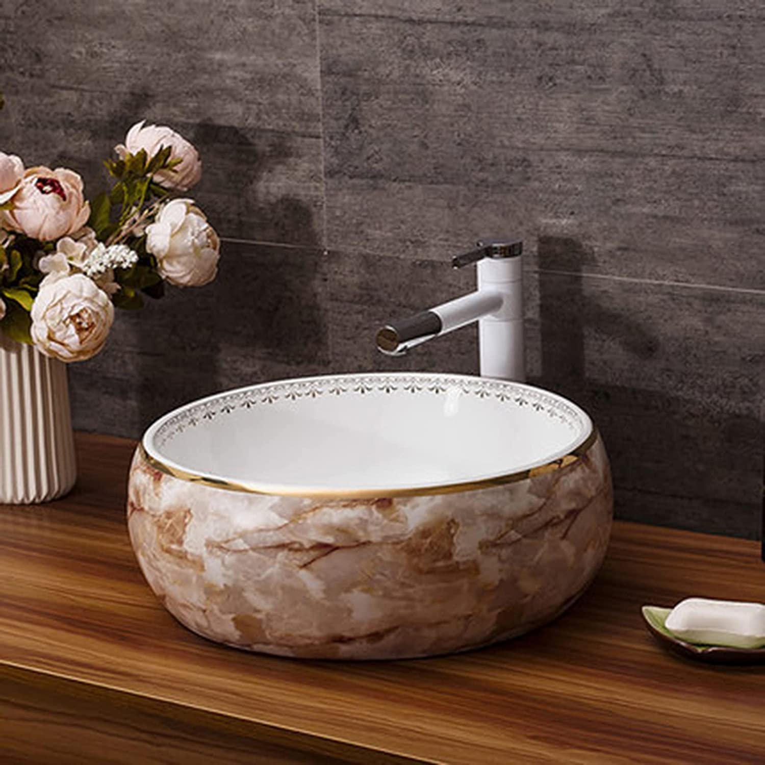 Ceramiczna Umywalka Łazienkowa, Okrągła Umywalka Łazienkowa, Umywalka Nablatowa, Umywalka Artystyczna, Umywalka Nablatowa, Wzór Marmuru, Ceramiczna Umywalka Nablatowa, 41X14 C,Singlevesselsink
