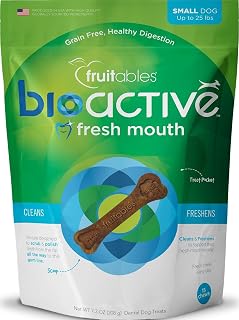 Fruitables Bioactive Fresh Mouth Dental Chews, Small Dog Treats, Pet Supplies, Teeth Cleaning Treats, Bad Breath & Tartar Preventer, Dog Dental Chews, Puppy Snacks, Up to 25 lbs, 7.3oz | Fresh Breath, Plaque Control, Tartar Control, Mint Flavor, Oral Hygiene, Daily Dental Care, Puppy Snacks, Made in USA