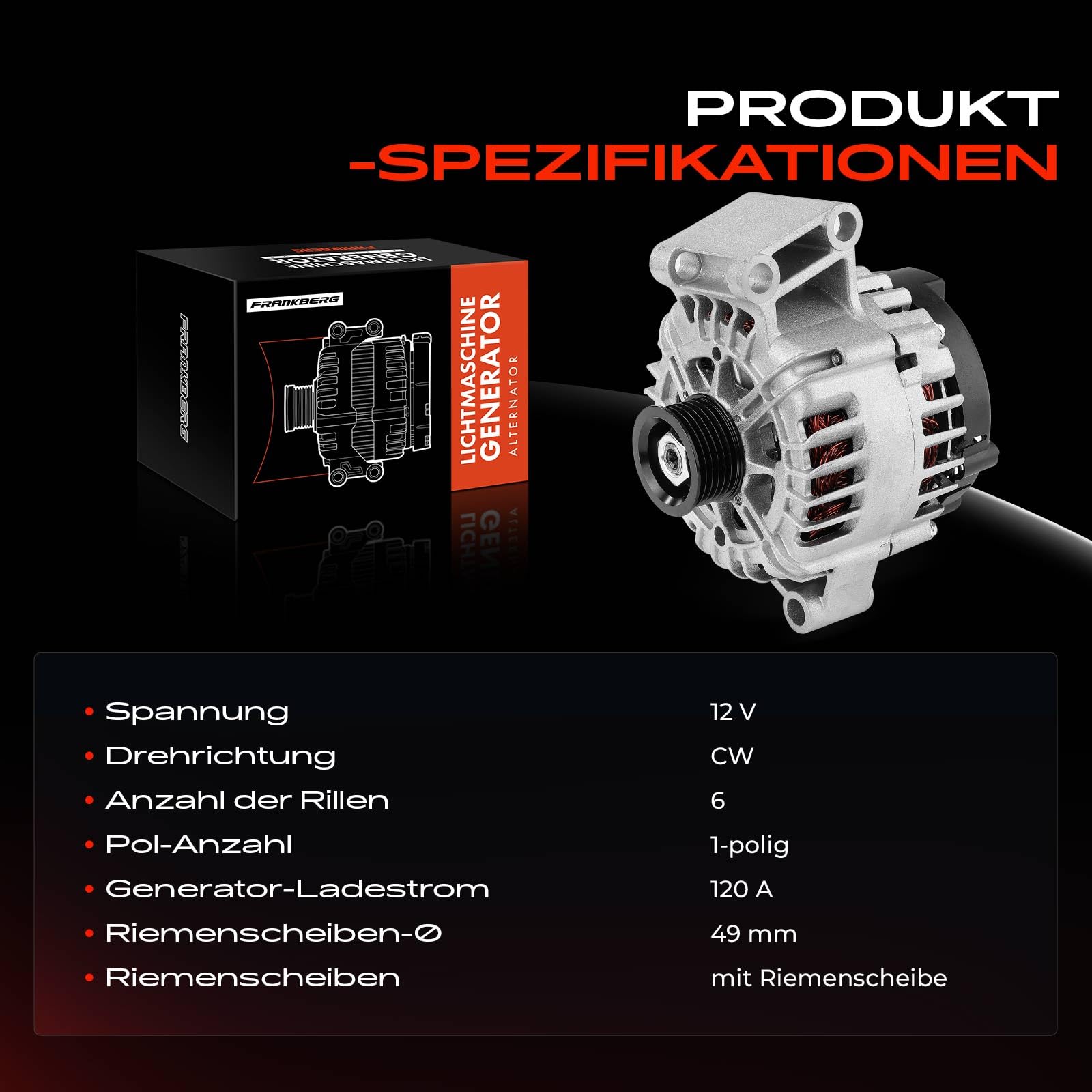 Frankberg Lichtmaschine Generator Benzin 24011N | Kompatibel mit Focus III, Focus III Kasten/Hatchback, C-Max II DXA/CB7 DXA/CEU, Grand C-Max DXA/CB7 DXA/CEU, Mondeo IV BA7