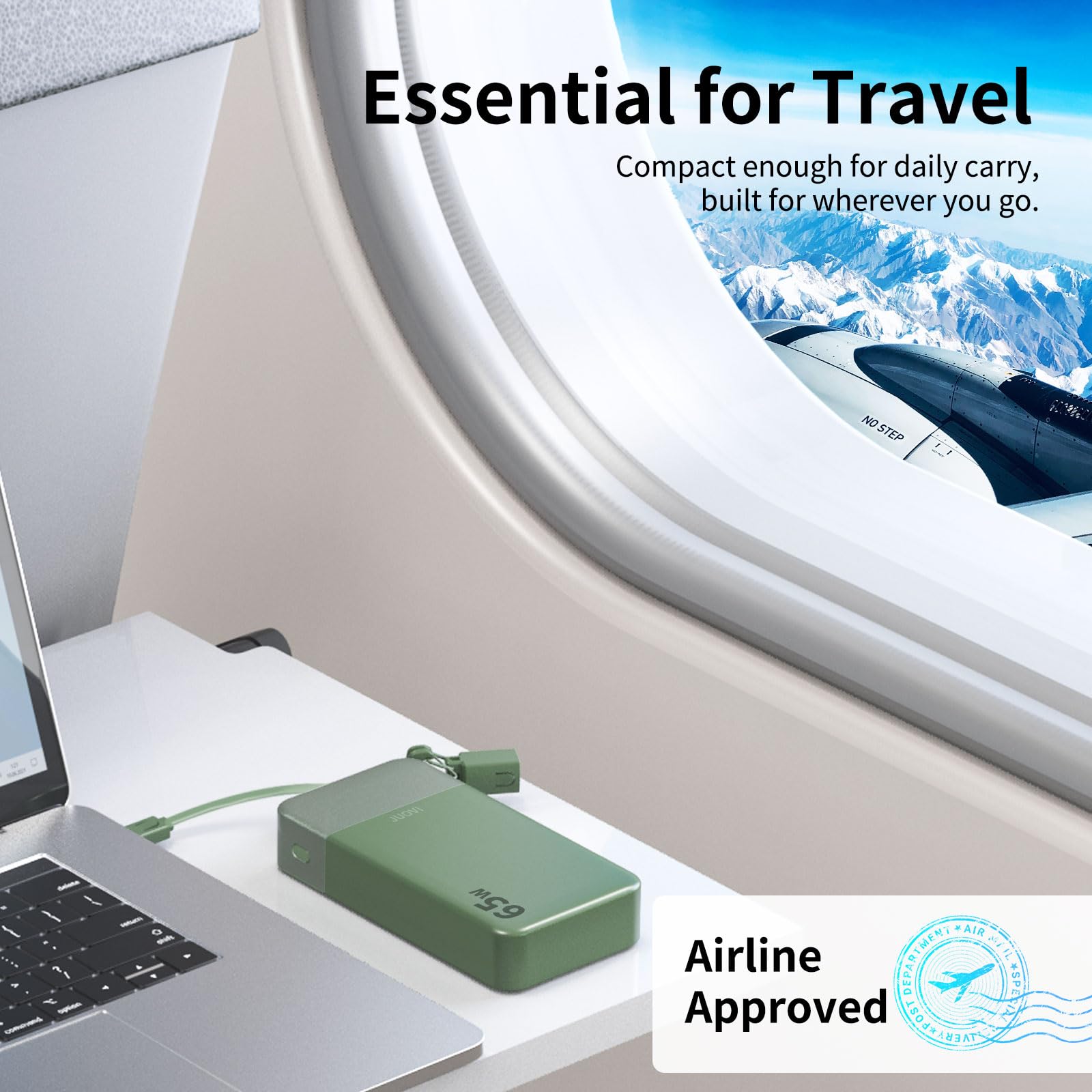 JUOVI Batería Externa Carga Rápida, 65W 20000mAh Power Bank, Batería Portátil con Cable USB-C Desmontable y Pantalla LED, Cargador Portátil Compatible con Laptop MacBook iPhone 17 16 Galaxy (Verde)