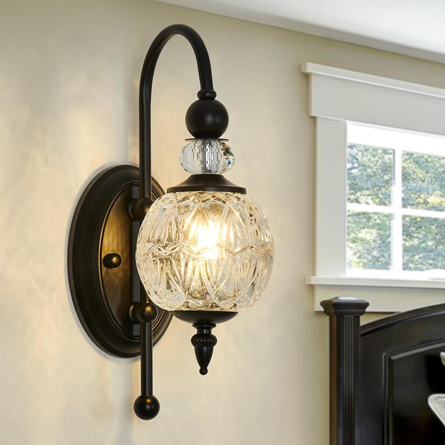 Vintage Black Wall Sconce with Glass Globe Shade Mid Century G9 Bulb Wall Light Indoor Wall Lamp for Bathroom Farmhouse Bedroom Living Room Hallway