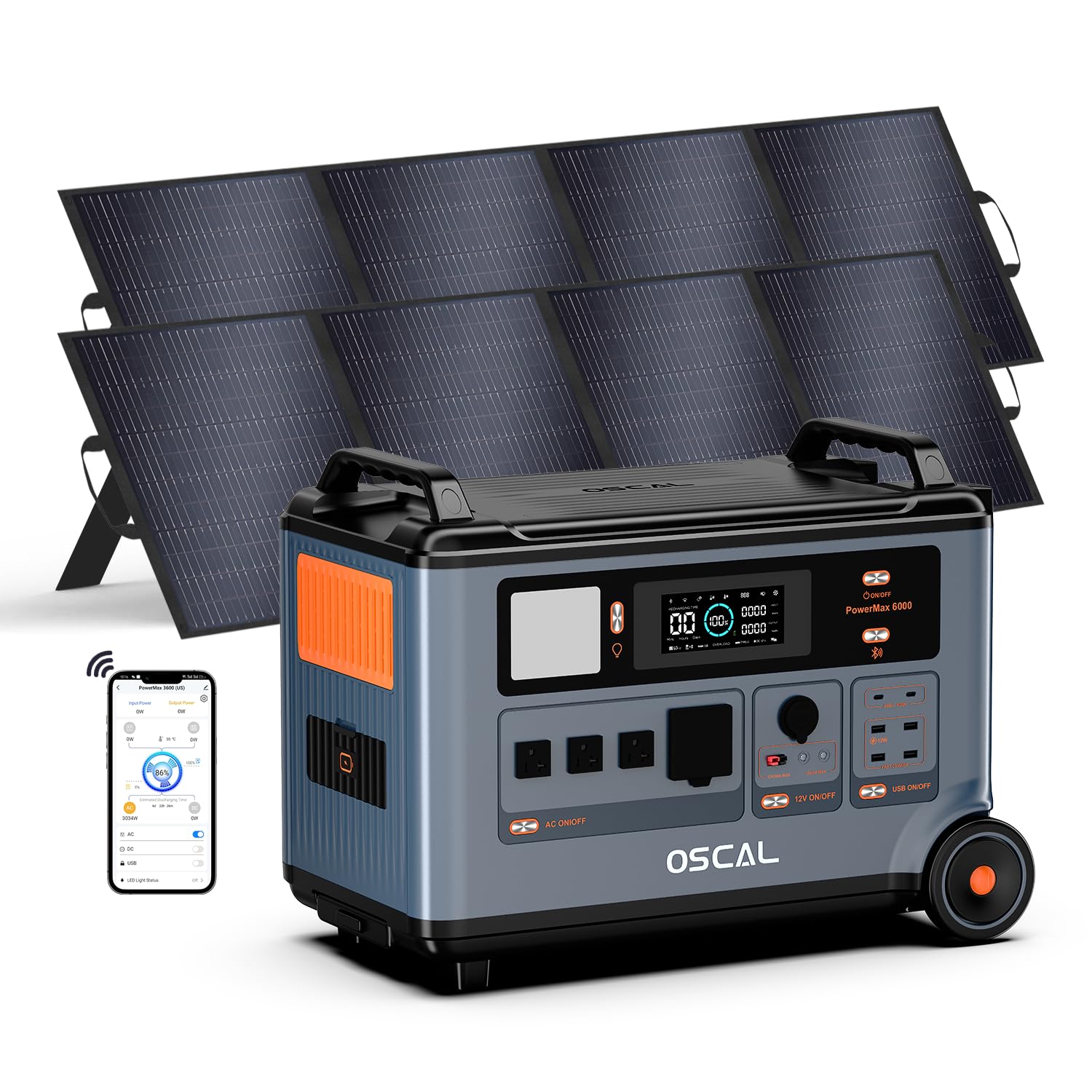 OSCAL 120V 240V Solar Generator 6000W Peak 9000W with 2x200W Solar Panel Promax6000 Dual Voltage 3600WH Lifepo4 Battery