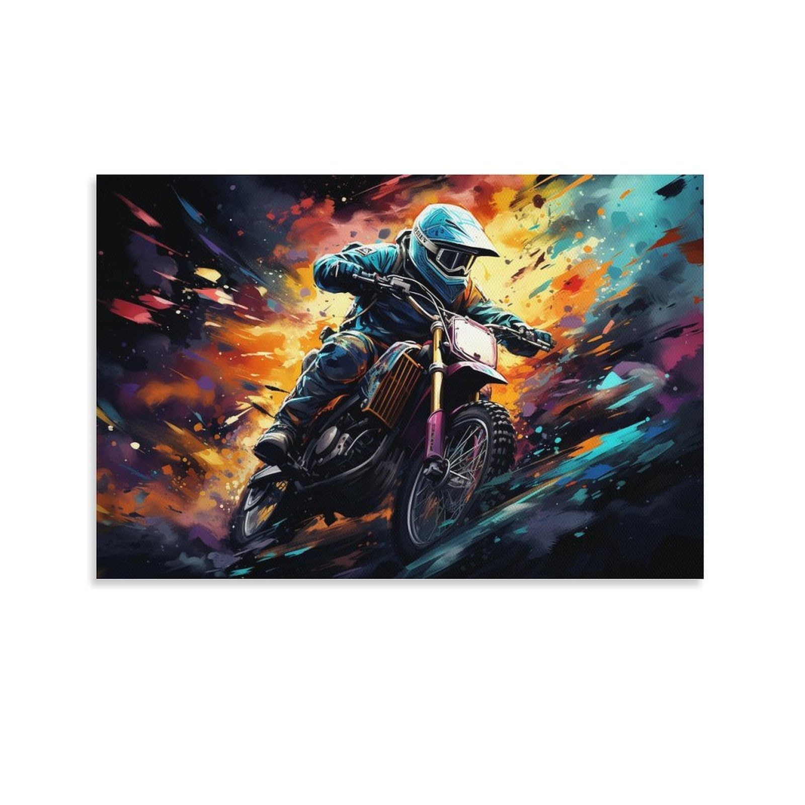 CPLVKWRQJ Bright Magical Colorful Individual Motocross Rider in Action Canvas Wall Art - Office Canvas Print Fade Resistant Wall Focal Art Ready to Hang 24x36inch(60x90cm)