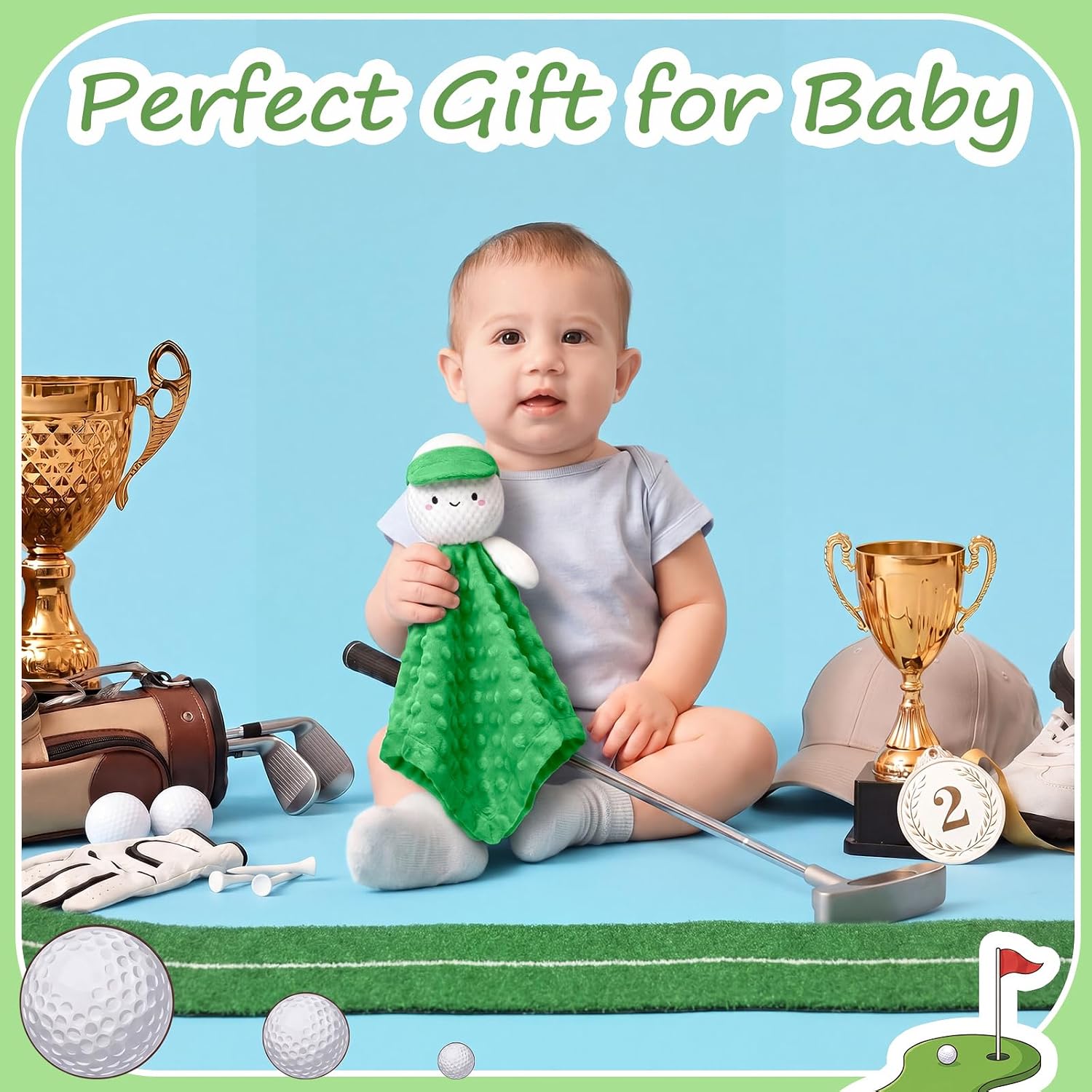 Simgoing 16 in Security Blanket Loveys for Babies Newborn Infant Toddler Soft Stuffed Security Blanket with Toy Rattle Lovely Plush Sleeping Snuggle Gifts Baby Gifts (Golf)