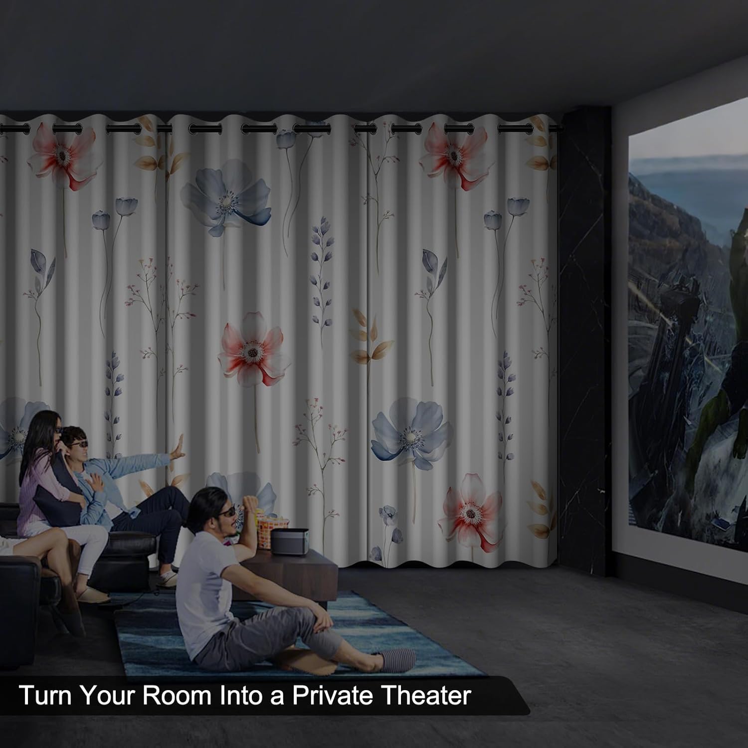 Pink and Blue Floral Blackout Curtains for Bedroom Living Room, Farmhouse Room Darkening Curtains 84 Inch Length 2 Panels Set, Soundproof Privacy Thermal Curtains for Summer Insulated with Tiebacks