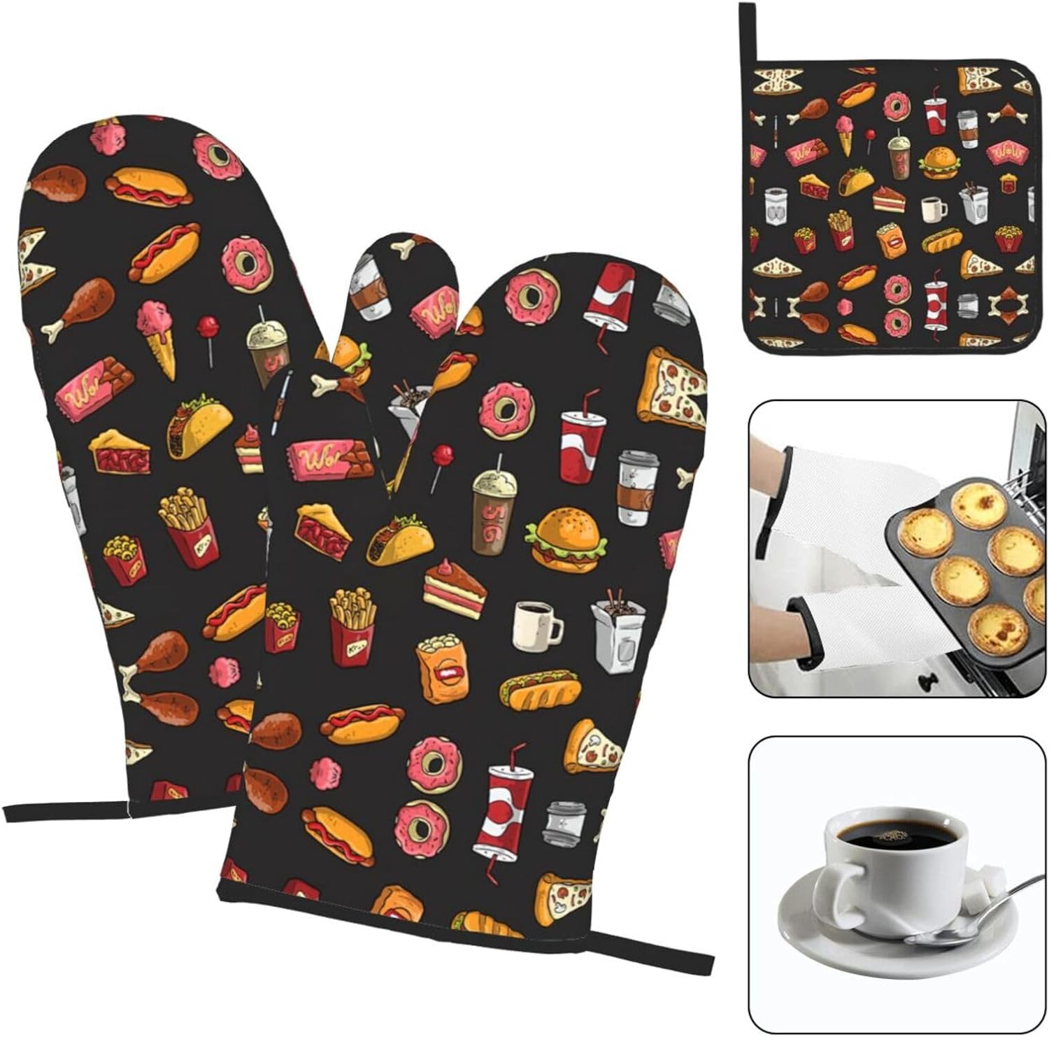 Chicken Leg Burger Drink Print Heat Resistant Microwave Gloves, Used for Baking, Cooking, and Fashion Kitchen Essentials