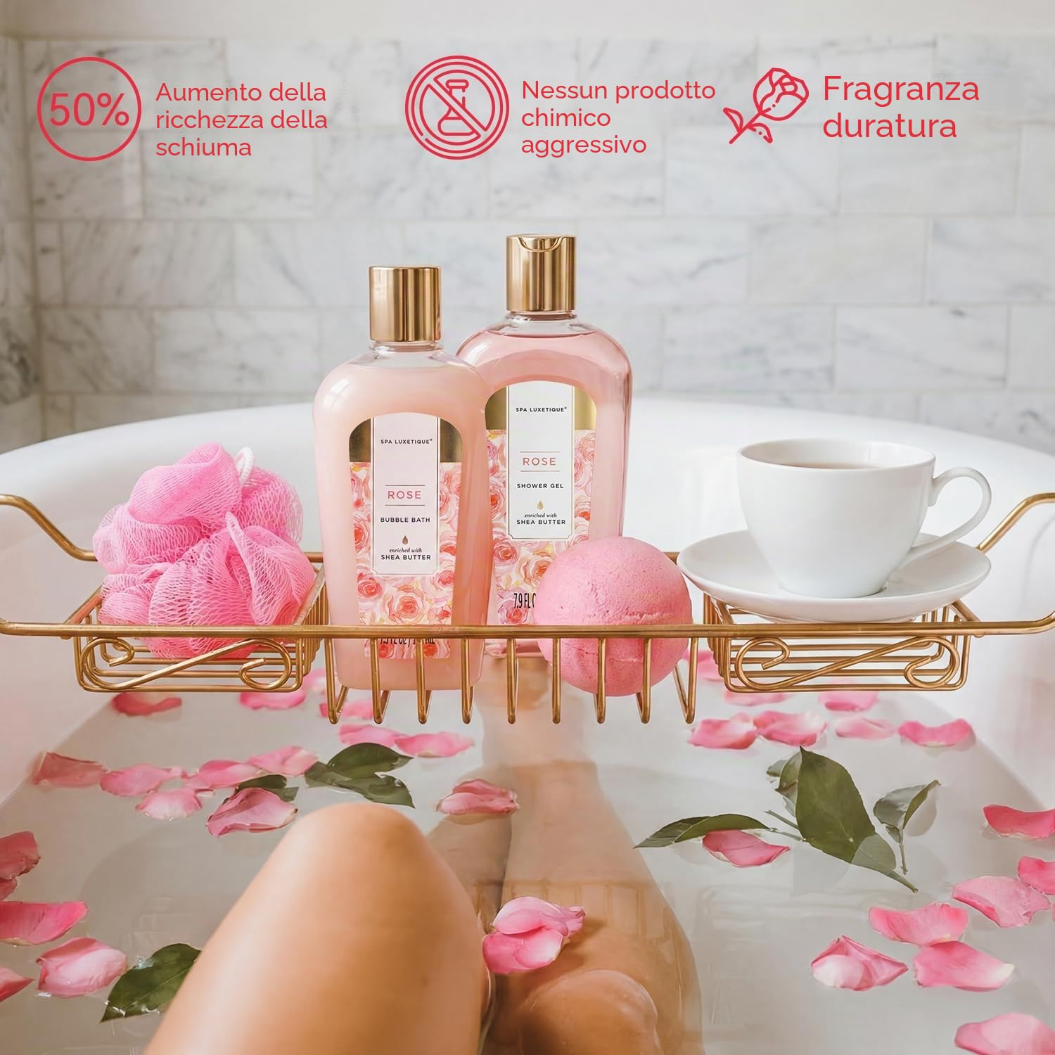 Spa Luxetique Set Bagno Doccia Regalo Donna 8 Pezzi alla Rosa in Confezione Regalo con Bagnoschiuma, Lozione, Sali da Bagno per Spa a Casa Idea Regalo Donna Ragazza per Festa Compleanno Anniversario