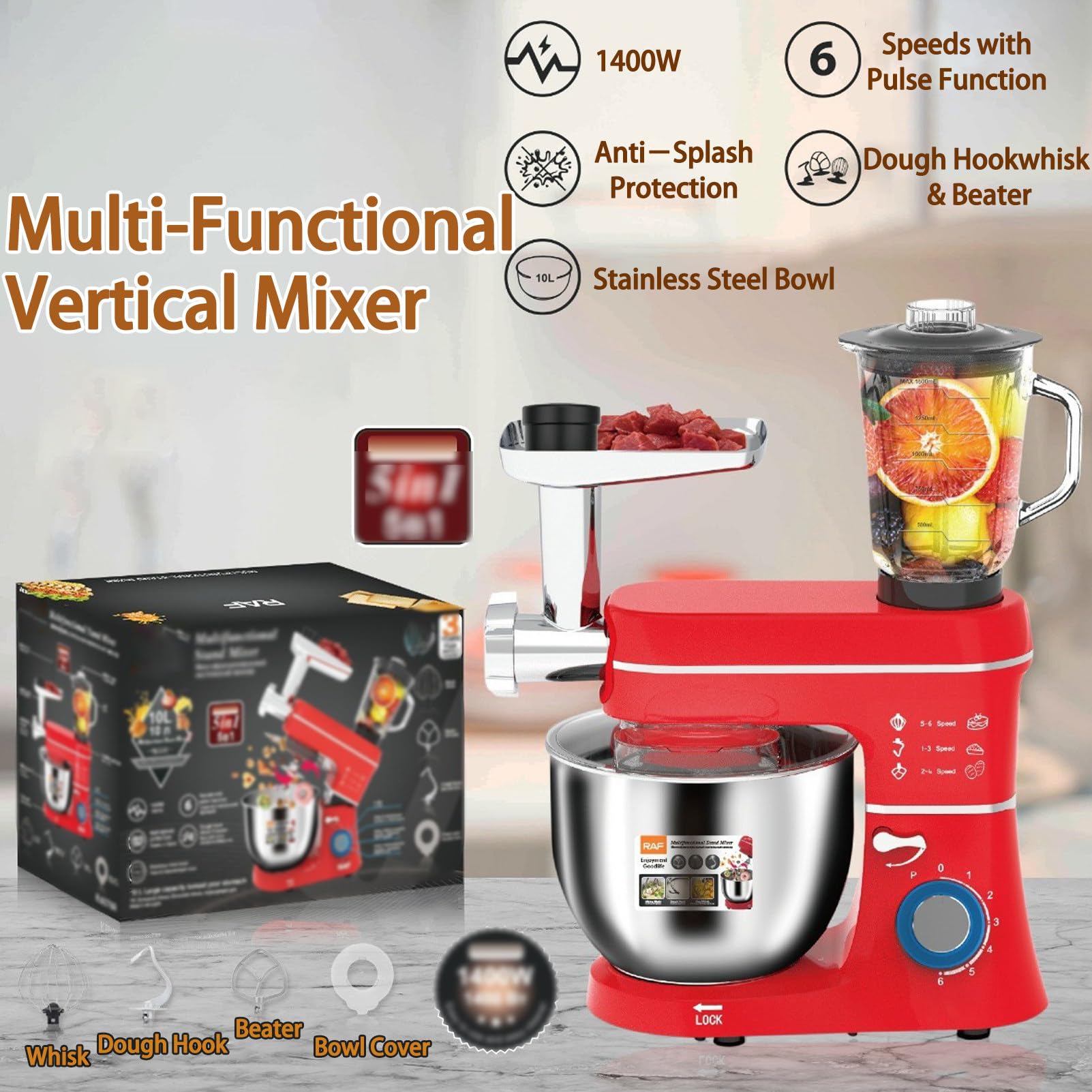 Robot PâTissier éLectrique 1400 W, 10 L, avec Hachoir à Viande Et Mixeur,pour Restaurants, Boulangeries Et Pizzerias Saucisses Et Sauces à La Viande Black