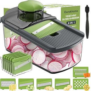 Ourokhome 6-in-1 Mandolin Slicer with 6 Sharp Blades, Safe Vegetable Shredder Waffle Cutter for Potatoes Carrots Zucchini Onion (Gray)