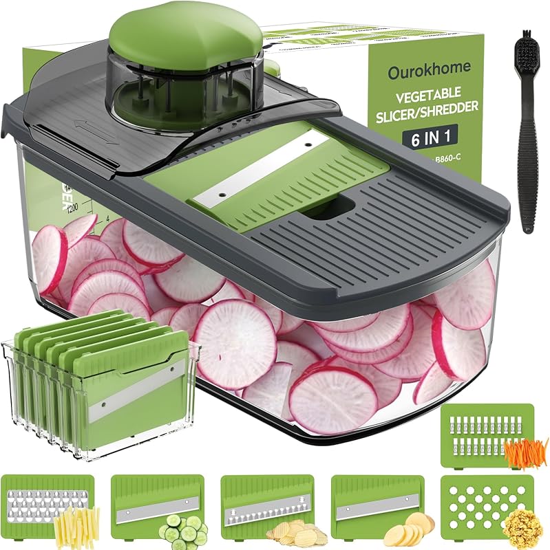 Ourokhome Cortadora de mandolina para alimentos de cocina, trituradora de verduras segura para las manos con 6 cuchillas de mandolina, cortador de gofres vegetales para patatas, zanahorias, calabacines, cebollas, utensilios de cocina esenciales (6 en 1, gris)