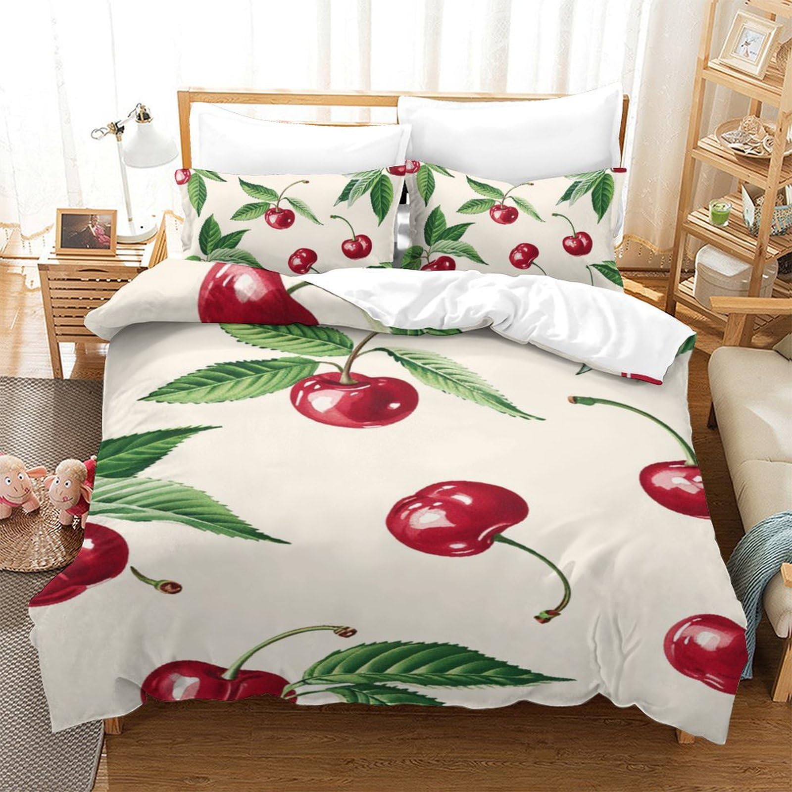 Housse de couette cerises 140x200 microfibre avec taies d'oreiller pour lit single