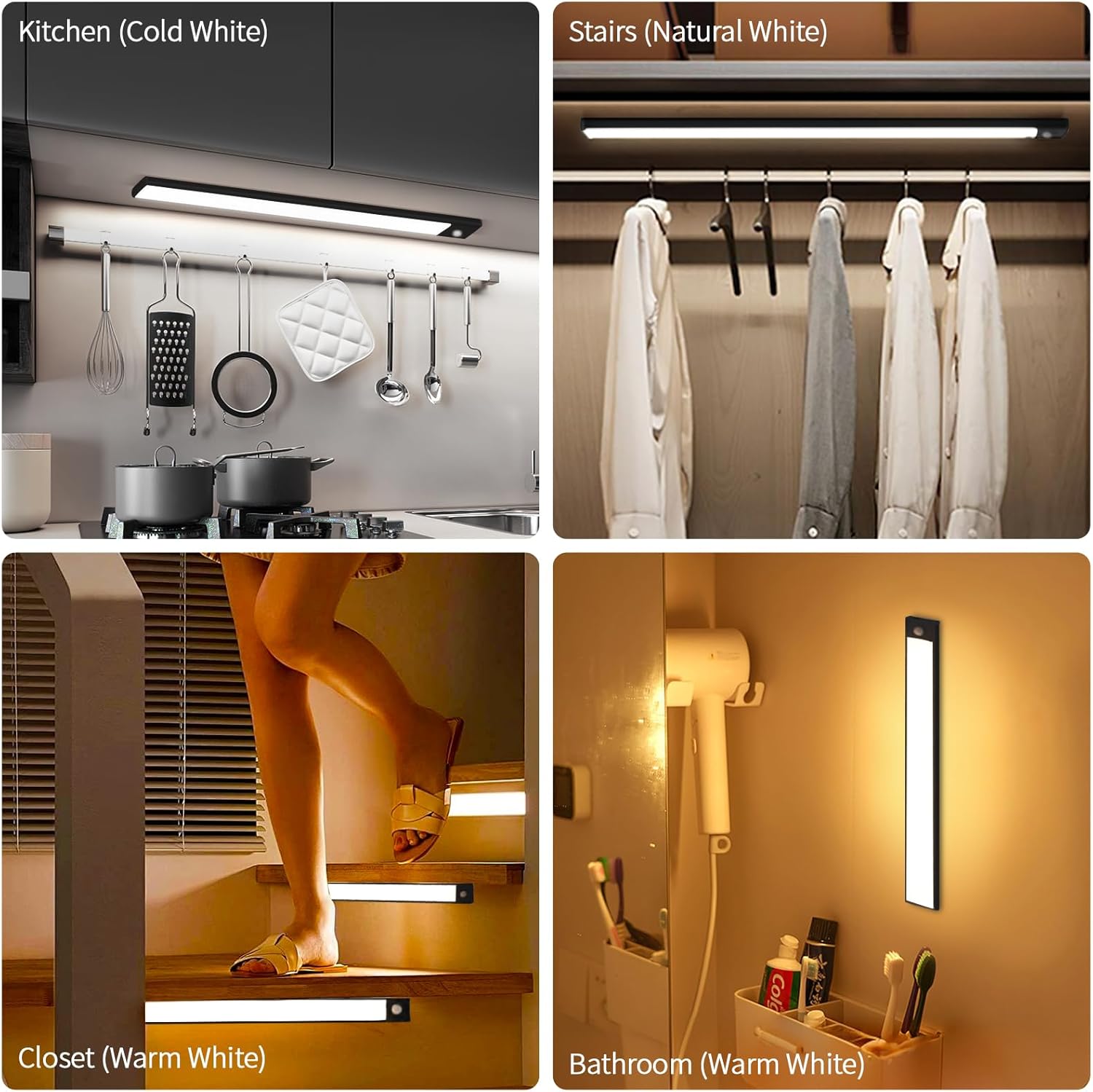 Under Cabinet Lighting, Motion Sensor 54 LED Under Cabinet Lights, 2Pack Rechargeable, 12inch 3 Colors Dimmable Closet Lights Under Counter Lights for for Kitchen, Shelf, Stair, Hallway(Black)