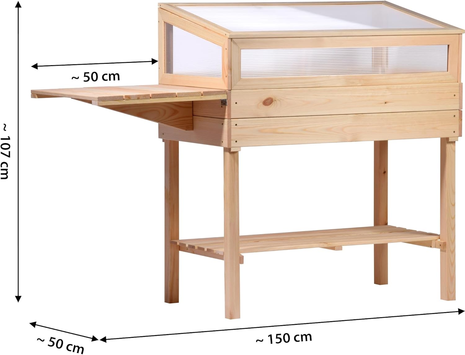 dobar® 58395e Raised Cold Frame Made of Solid Wood, Size L, Raised Bed with Cold Frame Attachment, Cold Frame with Shelf and Fold-Out Table, Planter with Greenhouse, 150 x 50 x 107 cm, Natural