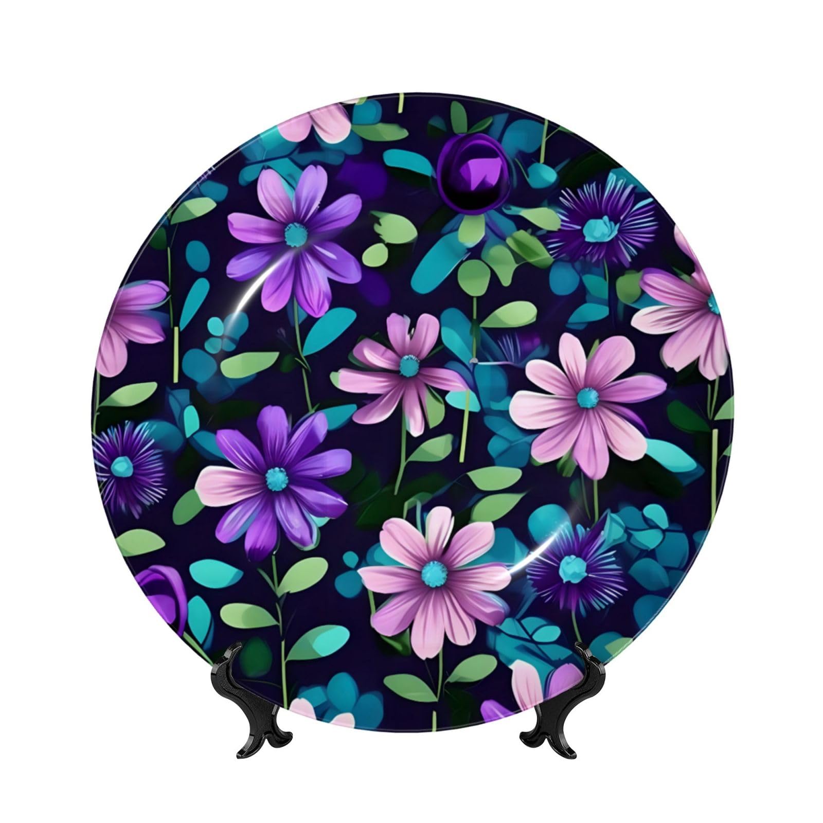 SXZVVBN Purple Camellia Bone China Decorative Plate Art with Stand Removable Adhesive Hanging for Home Office 8in（20cm）