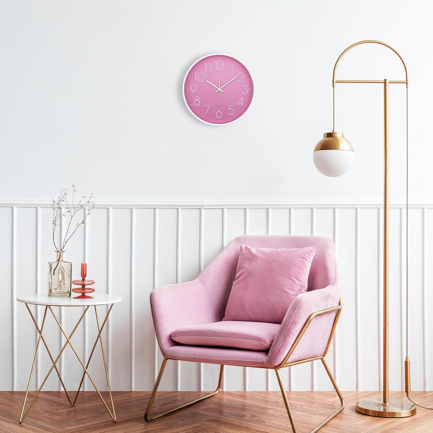 Modern Wall Clock for Living Room Decor, 14 Inch Large Wall Clock Silent Battery Operated, Classic Pink Round Analog Clock for Bedroom, Kitchen, Office, Bathroom, Outdoor Patio, Pool