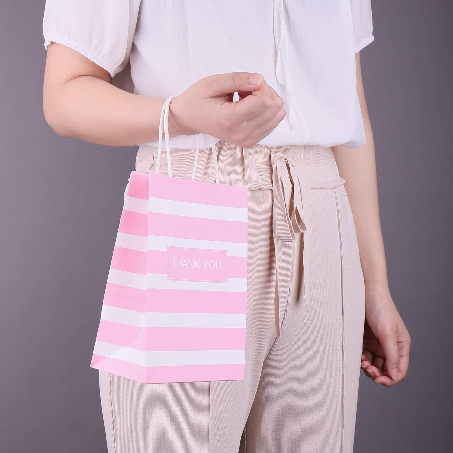 50Pcs Thank You Small Paper Gift Bags Bulk, 5.25" x 3.75" x 8" Kraft Paper Bag for Party Favors,Valentine's Day, Birthday, Wedding, Thanksgiving,Goodie, Retail, Jewelry - Pink - Image 4