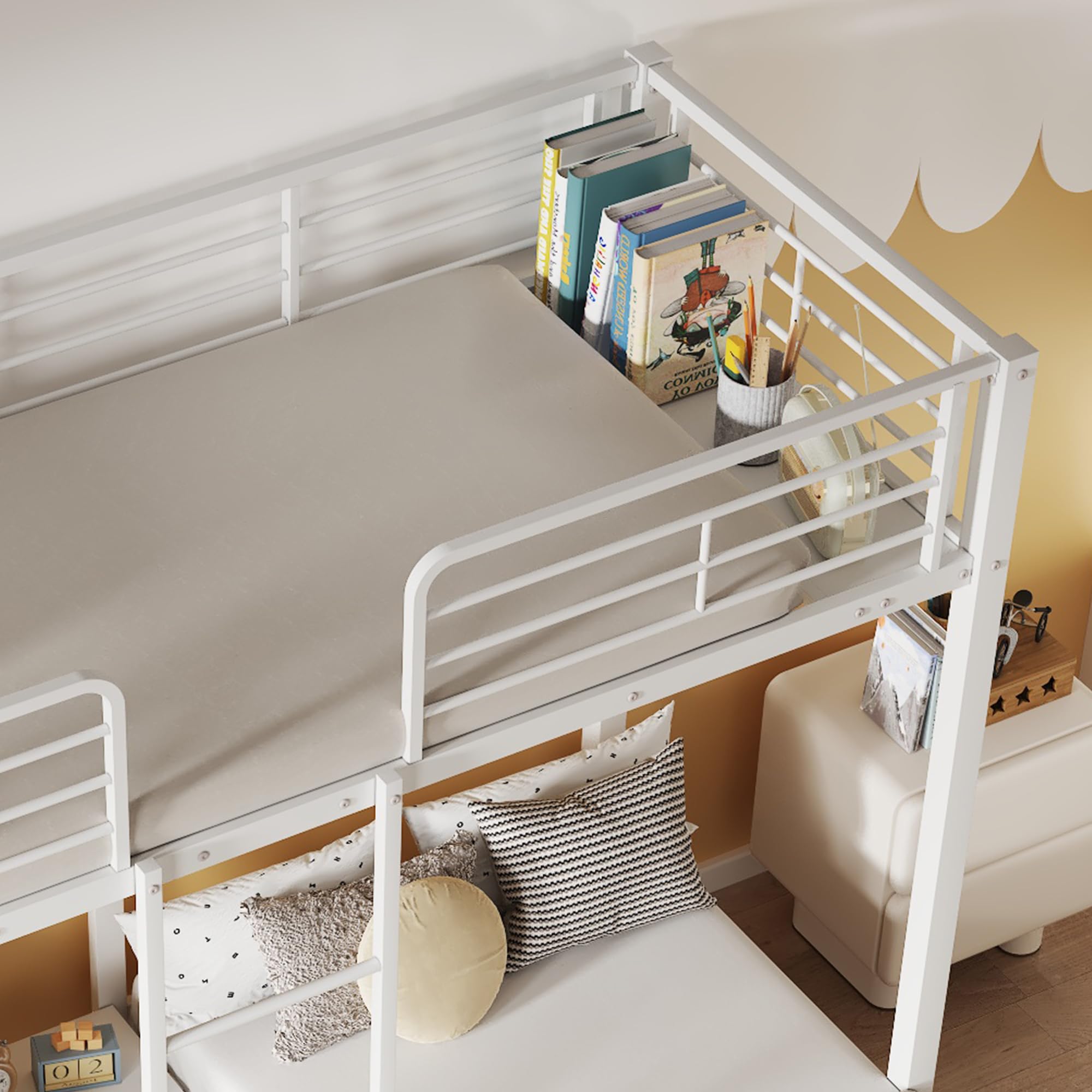 Soweiz Letto tripla a castello con scala per bambini e ragazzi, letto in ferro con griglia e tavolo (90 x 200 cmx3) (bianco)