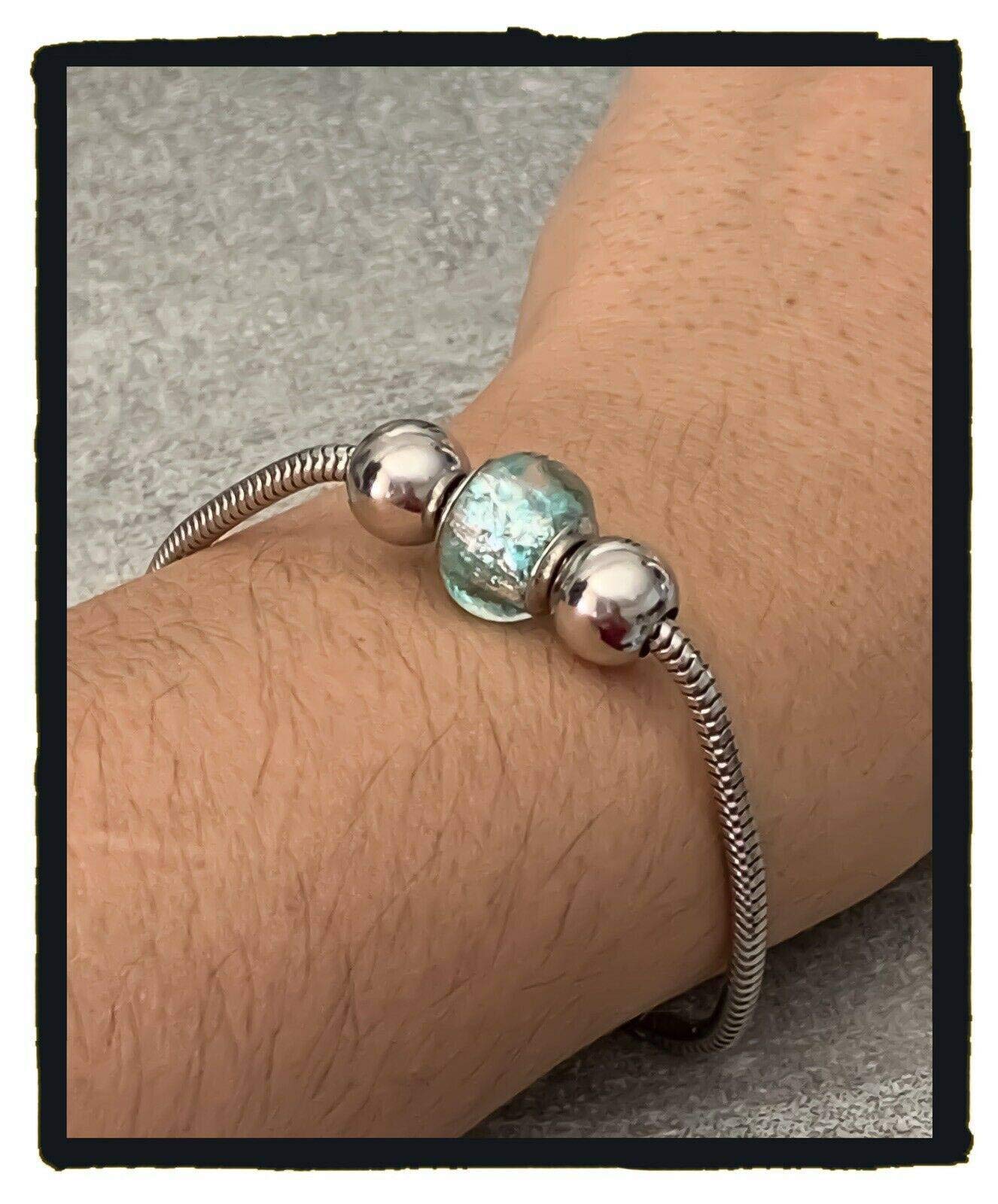 Bracciale Charm Perla Blu Chiaro Vetro di Murano & Palline Argento 925/000 Rodiato, 18 cm, Perla