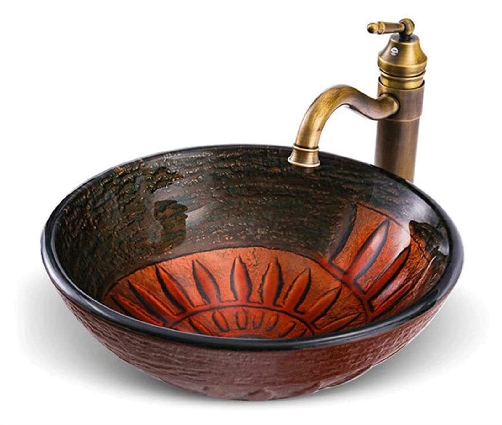 WOTZOV Vanity Unit With Basin,Bathroom Basin Vessels Sink Countertop Basin, Totem Pattern Artistic Vessel Sink Tempered Glass Above Counter Stylish Round Bathroom Washing Basin Combo