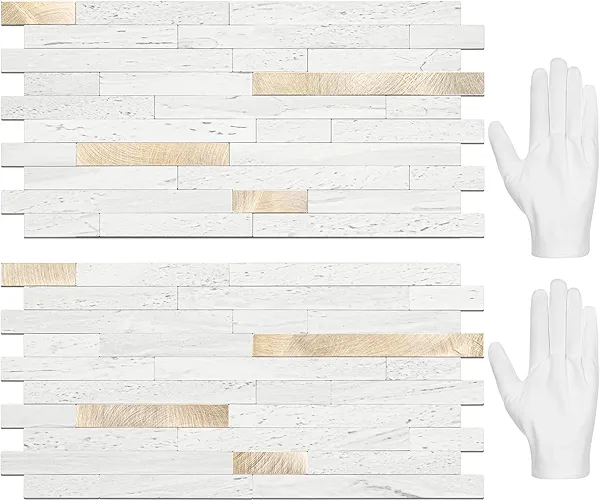 STICKGOO 20 Sheets Peel and Stick Backsplash Tile, Stick on Backsplash for Kitchen and Bathroom, White Sandstone Look PVC Mixed Metal Gold Self Adhesive Wall Tiles 20 White Sandstone + Metal