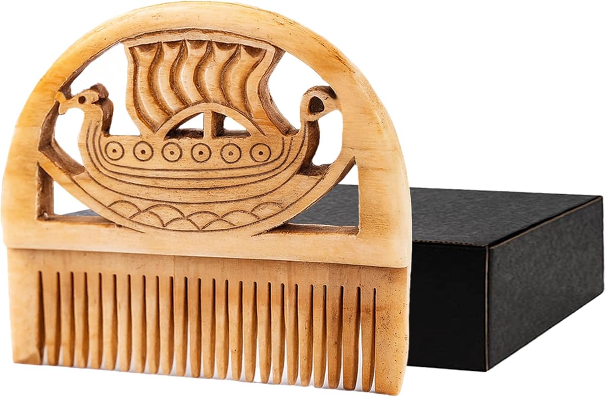 Authentic Viking Bone Comb for Beard and Hair - Pocket Sized, Hand-Carved Norse Longship Design