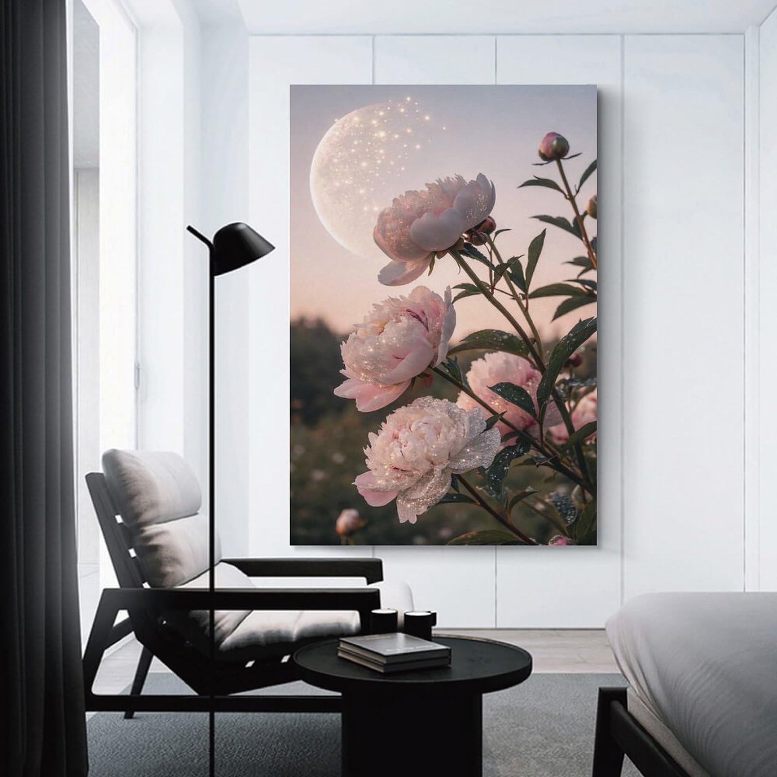 Junmoney Moonlit Peonies with Sparkles Hanging Wall Art 24x36inch(60x90cm), for New Homes, Bedrooms Or Workspaces, Thoughtful Wall Decor for Art Lovers