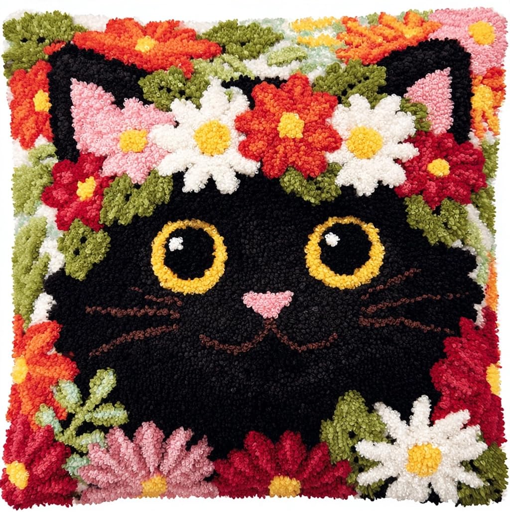 Taxpy Latch Hook Kits Pillow Cat with Flower Wreath Printed Cushion Crochet Yarn Embroidery Needlework Hook and Latch Kit Pillowcase Rug Cover Home Decor 43X43Cm