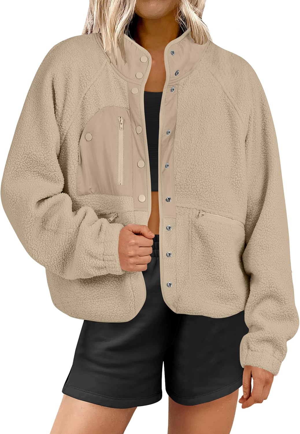 ANRABESS Womens Fuzzy Fleece Jacket Fall Casual Long Sleeve Cropped Sherpa Button Down Shacket Coats Outwear With Pockets