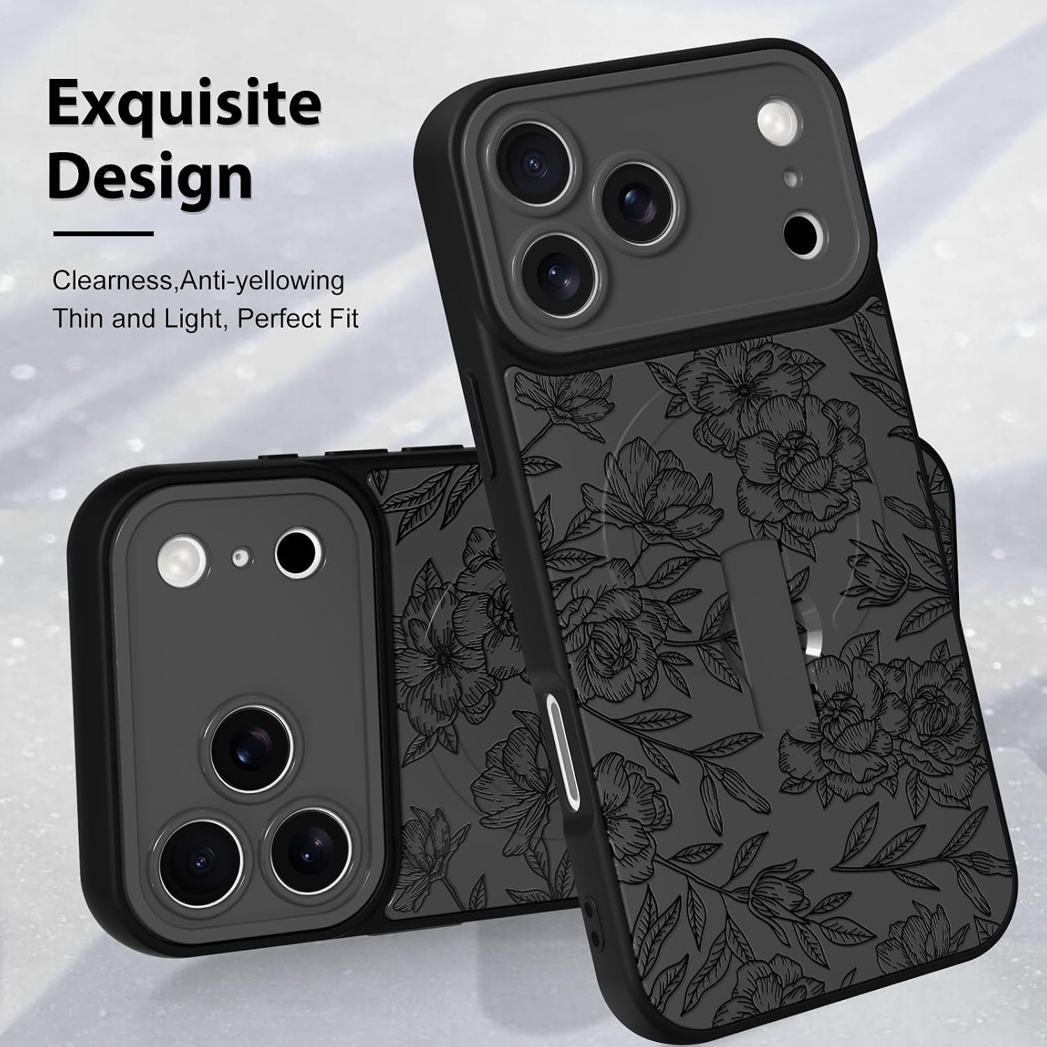 MZELQ for iPhone 17 Pro Max Case, Silicone Rose Floral Flower Cute Pattern, Support for MagSafe, Kickstand Wristband Camera Protection Soft Slim Phone Case for Girls Women -Black