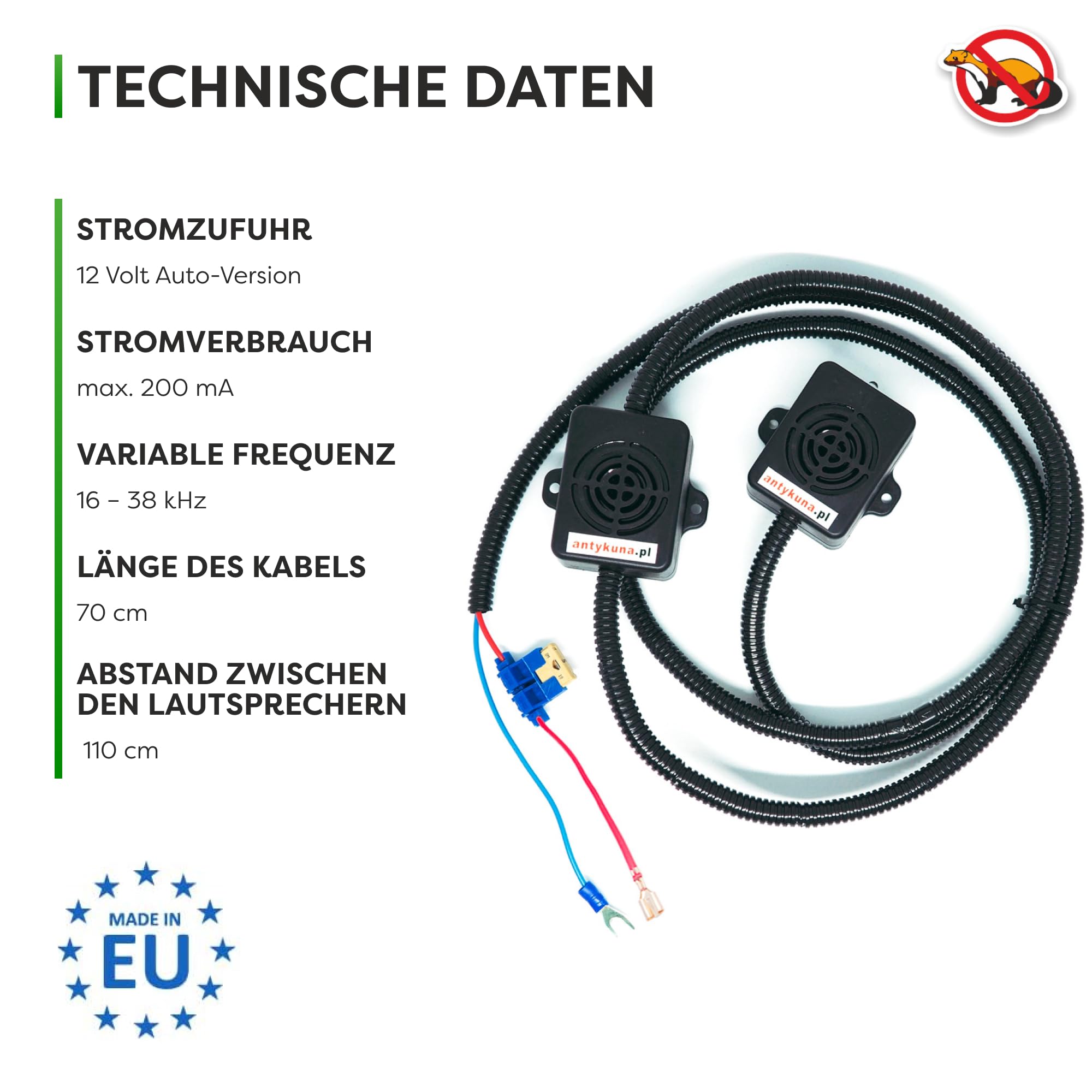Ultraschall Fahrzeug Marderschreck 12V für HEV Hybrid Auto 2 Lautsprecher zweiseitig kein Gewöhnungseffekt (16–38 kHz) stromsparend einfache Motorraum Montage Tierfreundliche Marderabwehr