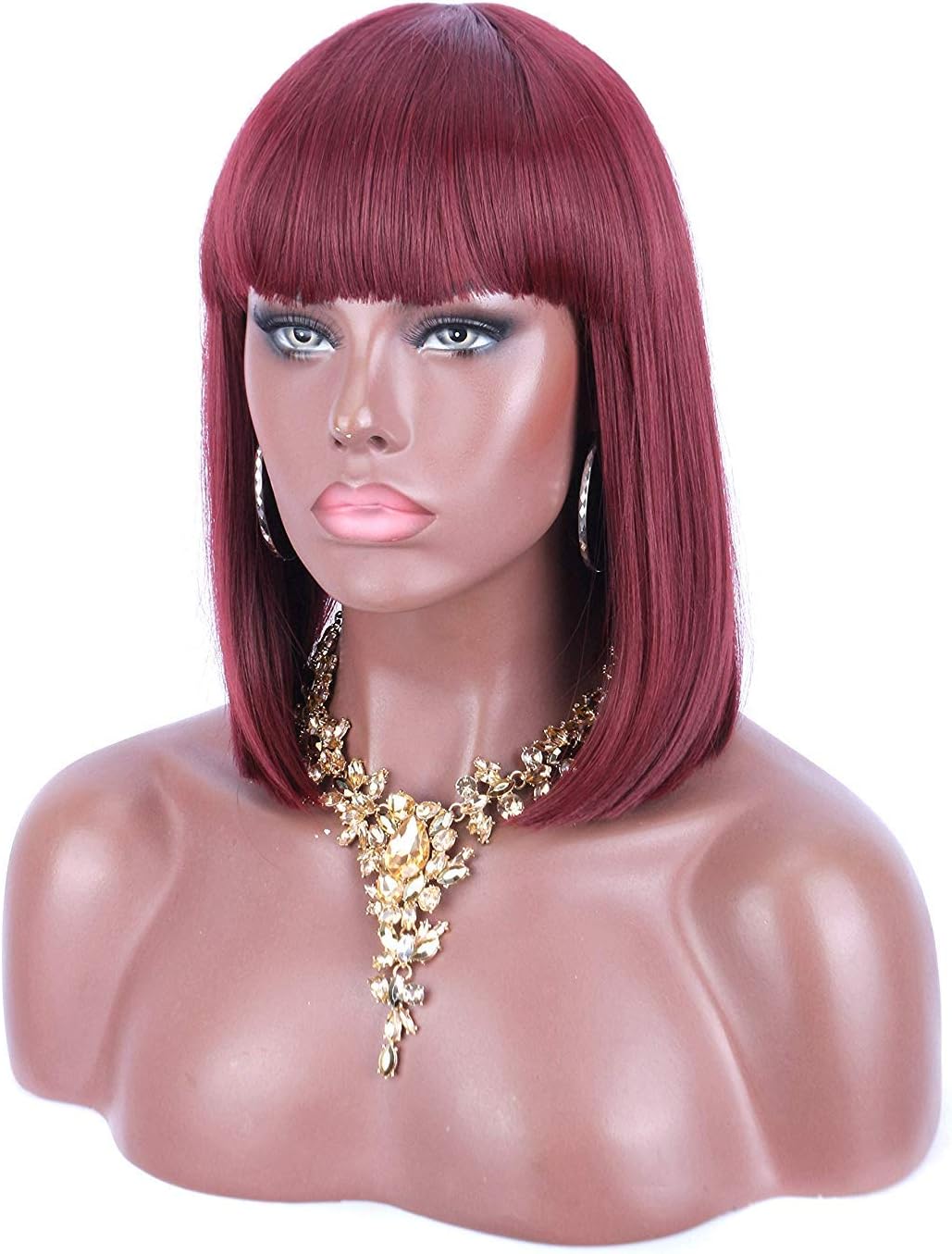 Kalyss 14'' Short Straight Bob Cut Wig with Bangs Premium Heat Resistant Yaki Synthetic Straight Hair Replacement Red Wigs for Women… (Wine Red)