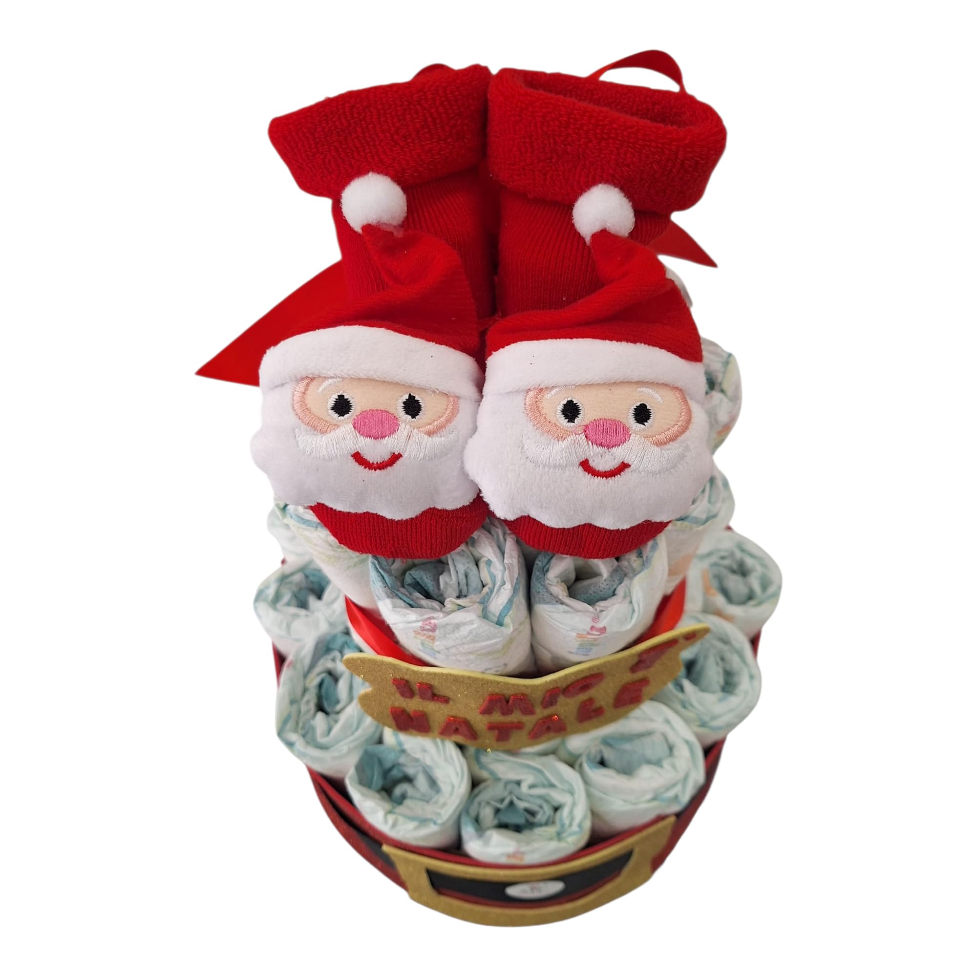 MC® Torta di Pannolini Natalizia, 32 Pannolini, Calzini Antiscivolo, Design Natalizio con Fiocco Rosso e Fiocchi di Neve,MC Composizioni 32cm x 23cm