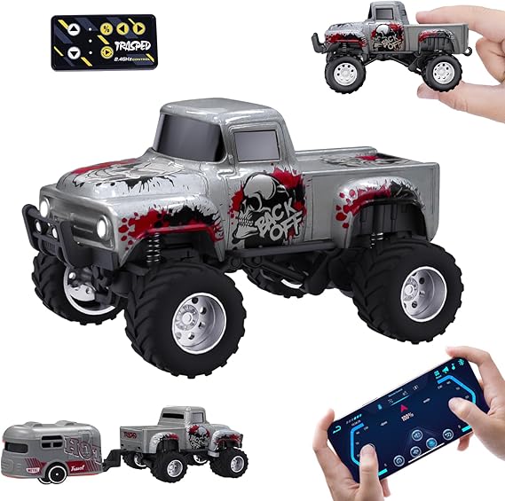 Mini RC Truck with APP Control, 1:64 Scale Monster Truck Toy, 2.4GHz Wireless Remote Control, LED Lights, Alloy Case, MultiControl Modes, Speed/Steering Adjustable (Grey)