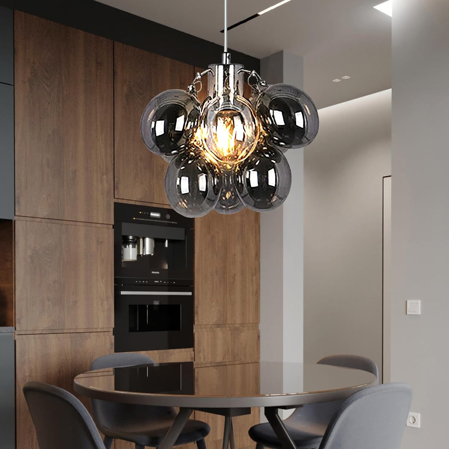 Bubble Chandelier for Dining Room Glass Globe Light Fixture with Smoke Gray Glass Lampshade Pendent Bubble Ball Ceiling Light for Living Room Farmhouse 12" Dia x 12" H