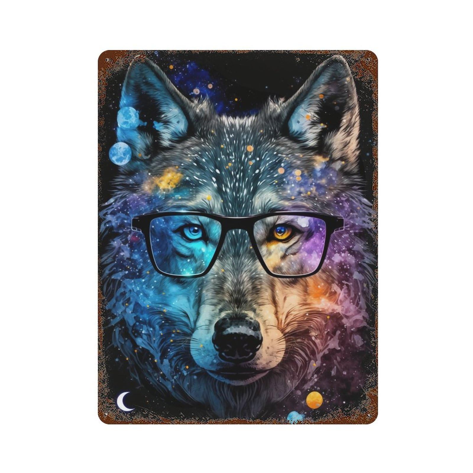 Retro Metal Sign with Cosmic Wolf Glasses Art Print Design 15.7"x11.8", for Shed, Workshop And Garage Wall Decor, Old School Wall Decor