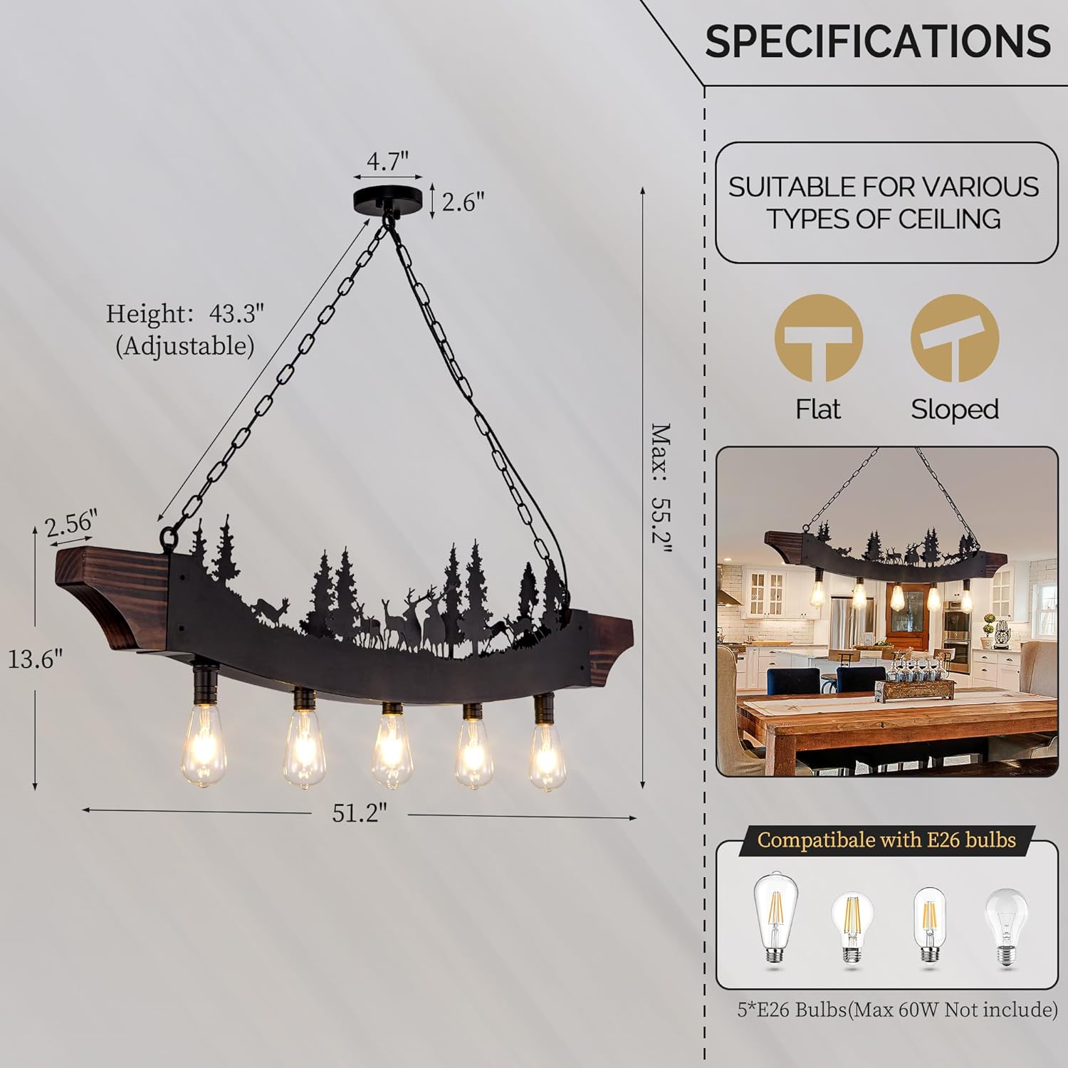 TOCHIC Pool Table Light, 3 Lights Tiffany Billiard Pool Table Lights and 51.2" Black Farmhouse Chandelier, 5 Lights Rustic Dining Room Light Fixture