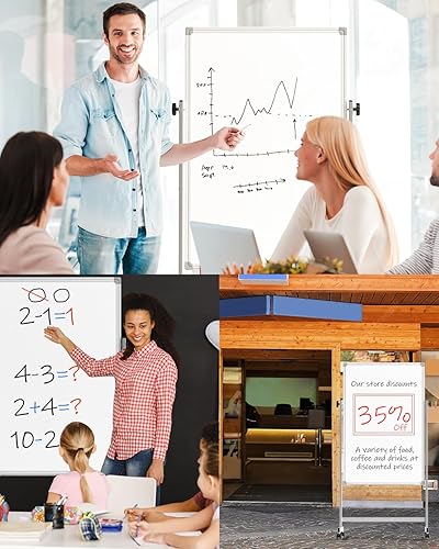 Miniatura 7 de Pizarra blanca de 32 x 48 pulgadas, pizarra blanca de doble cara de borrado en seco de altura ajustable con 5 ruedas, marco de aluminio, soporte