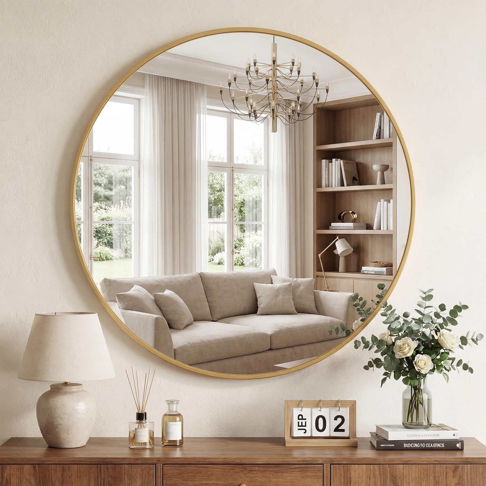 DUMOS 24 Inch Round Wall Mirror, Bathroom Mirrors for Over Sink, Matte Metal Framed Circle Vanity Mirror, Wall Decor for Bedroom, Entryway, Anti-Rust,