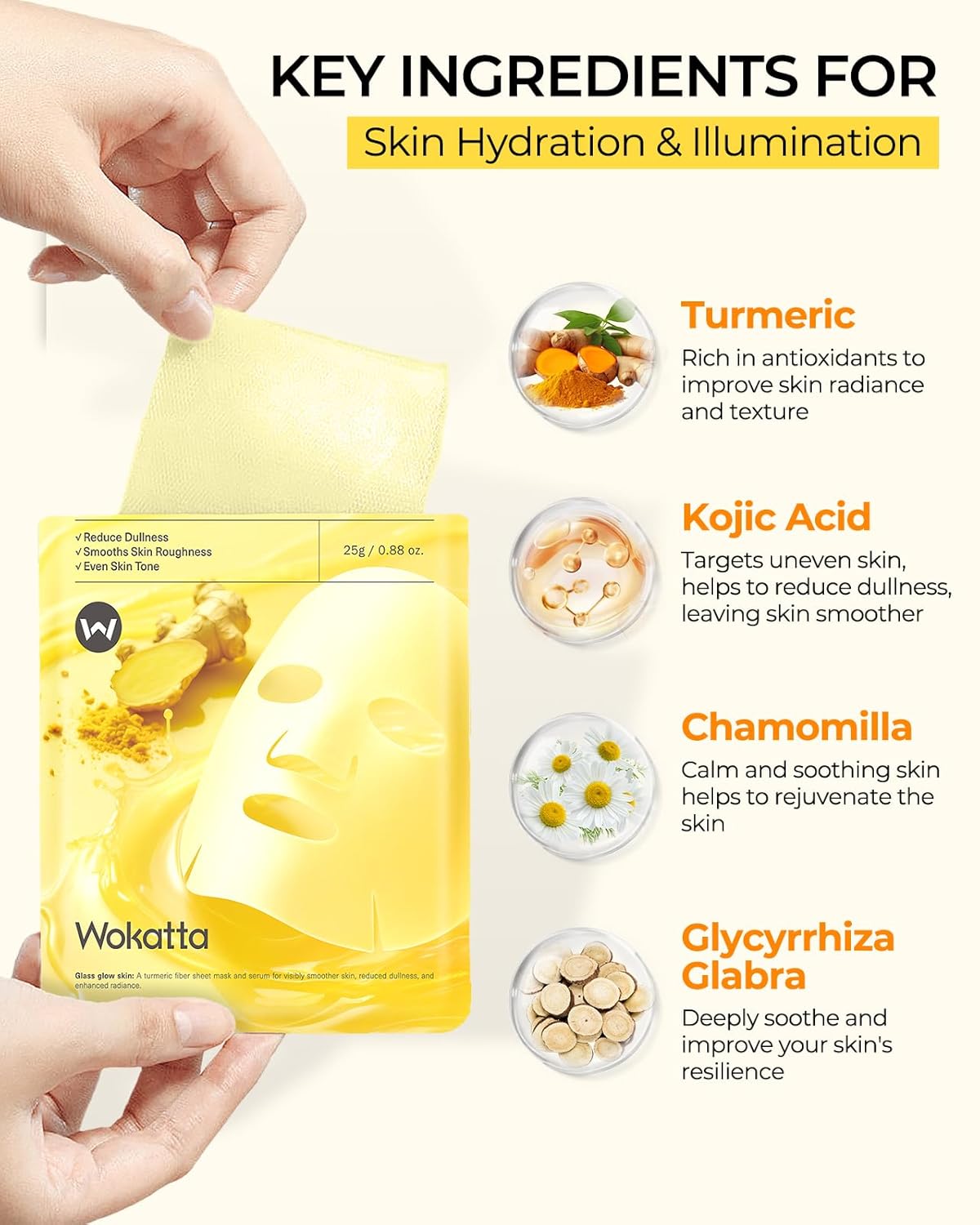 6 Sheet Masks Kojic Acid Turmeric Face Mask Even-Looking Skin Tone, Elasticity, Radiant, Hydrating Face Masks for Dull Skin Facial Mask Controlling Oil and Refining Pores Facemask Skincare - Image 6